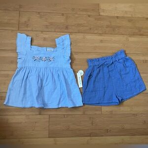 NWT Girls Size 5 Blue Kate Mack Outfit - Ruffle Embroidered A-Line Top & Shorts